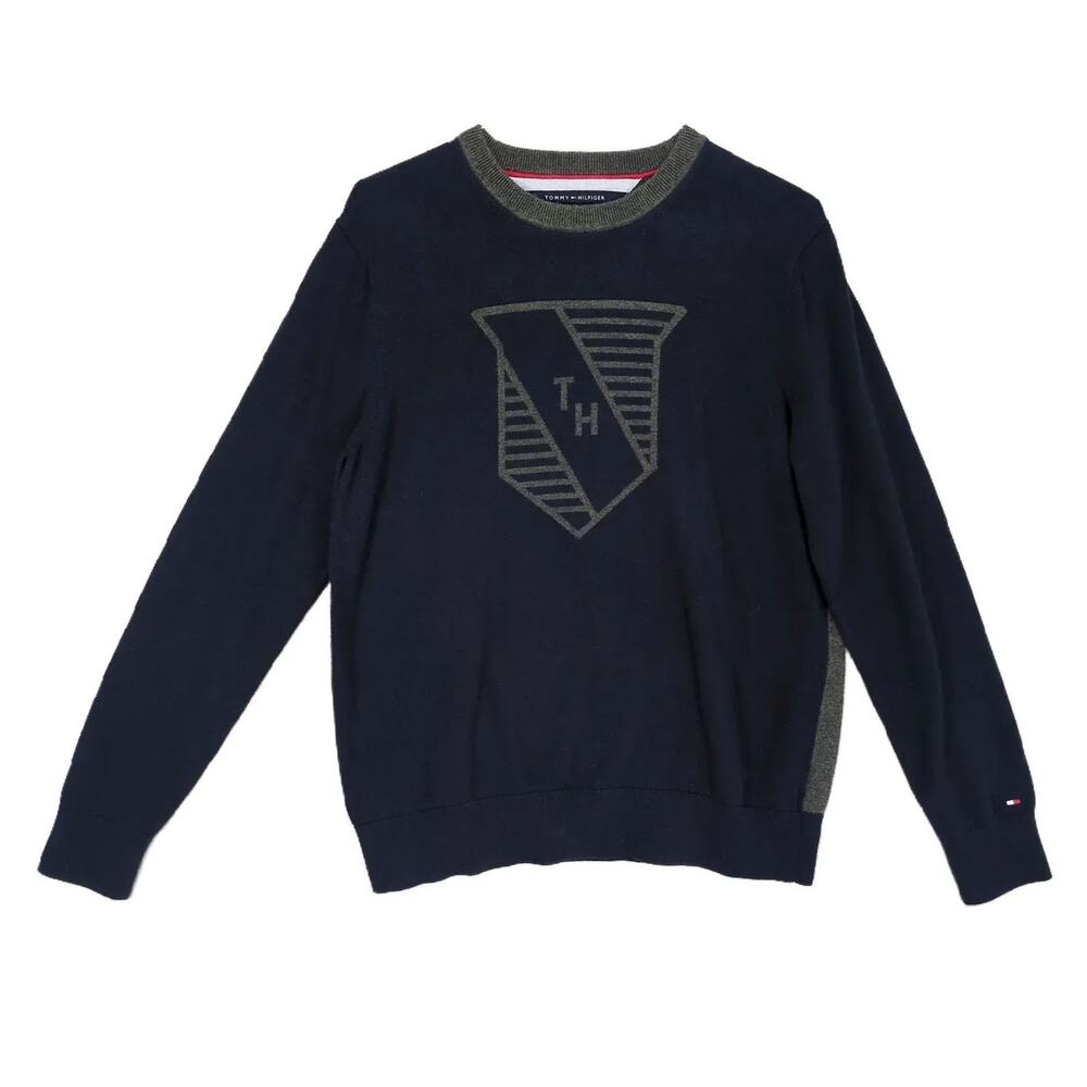 Tommy Hilfiger‎ Men's L TH Crest Knit Crew Sweater Top Navy Gray Preppy Classic